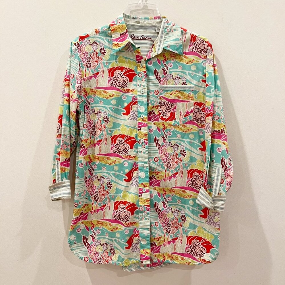 Robert Graham Shirt Women Medium Pink Blue Cotton Flip Cuff Long Sleeve Colorful